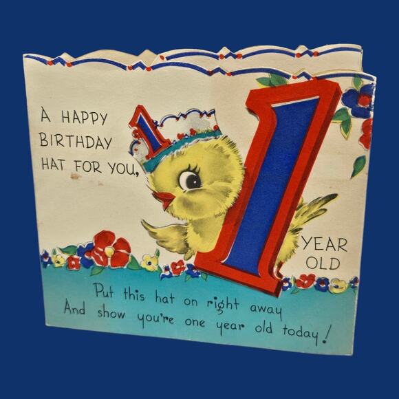 1942 Pop Up 1 year-old Birthday Hat Chick Duck Vintage Rust Craft Die-Cut Card - Picture 3 of 11